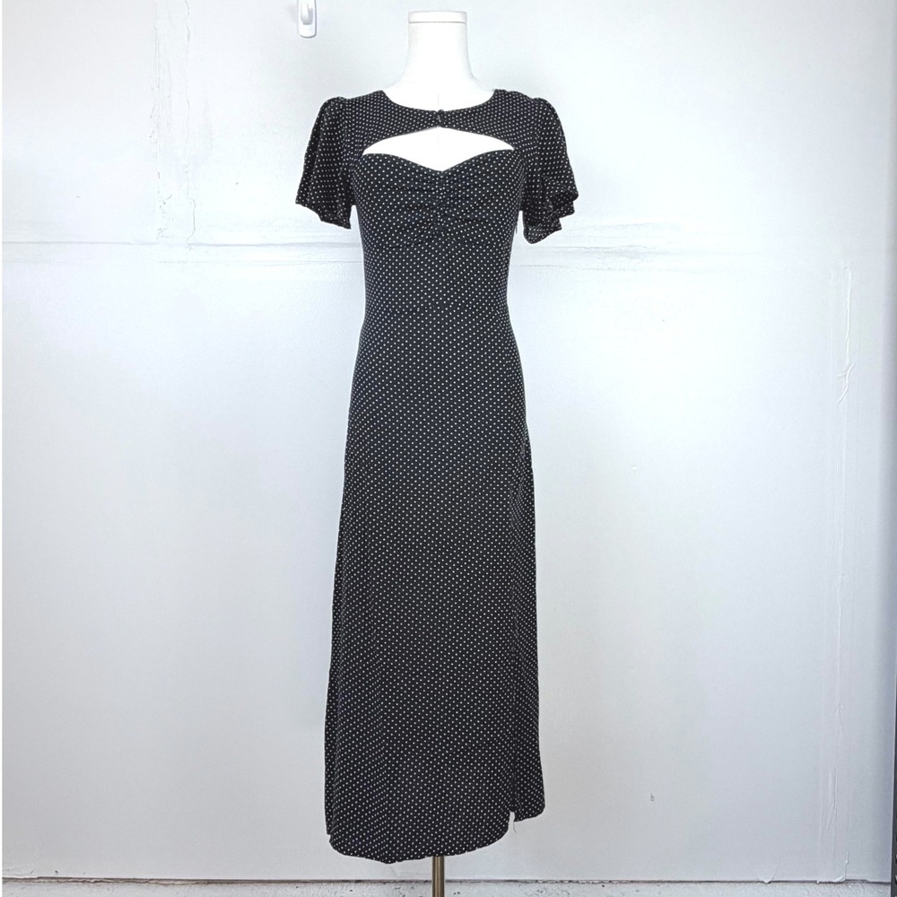 ZARA Feminine Black Polka Dot Cutout Midi Dress Short Sleeve Side Slit Small